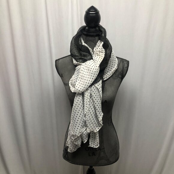 Dual Black White Polka Dot Sheer Lightweight Scarf 12x103 inch Versatile - Picture 2 of 6